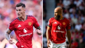 Manchester United players Bryan Mbeumo and Benjamin Sesko in action during Premier League matches